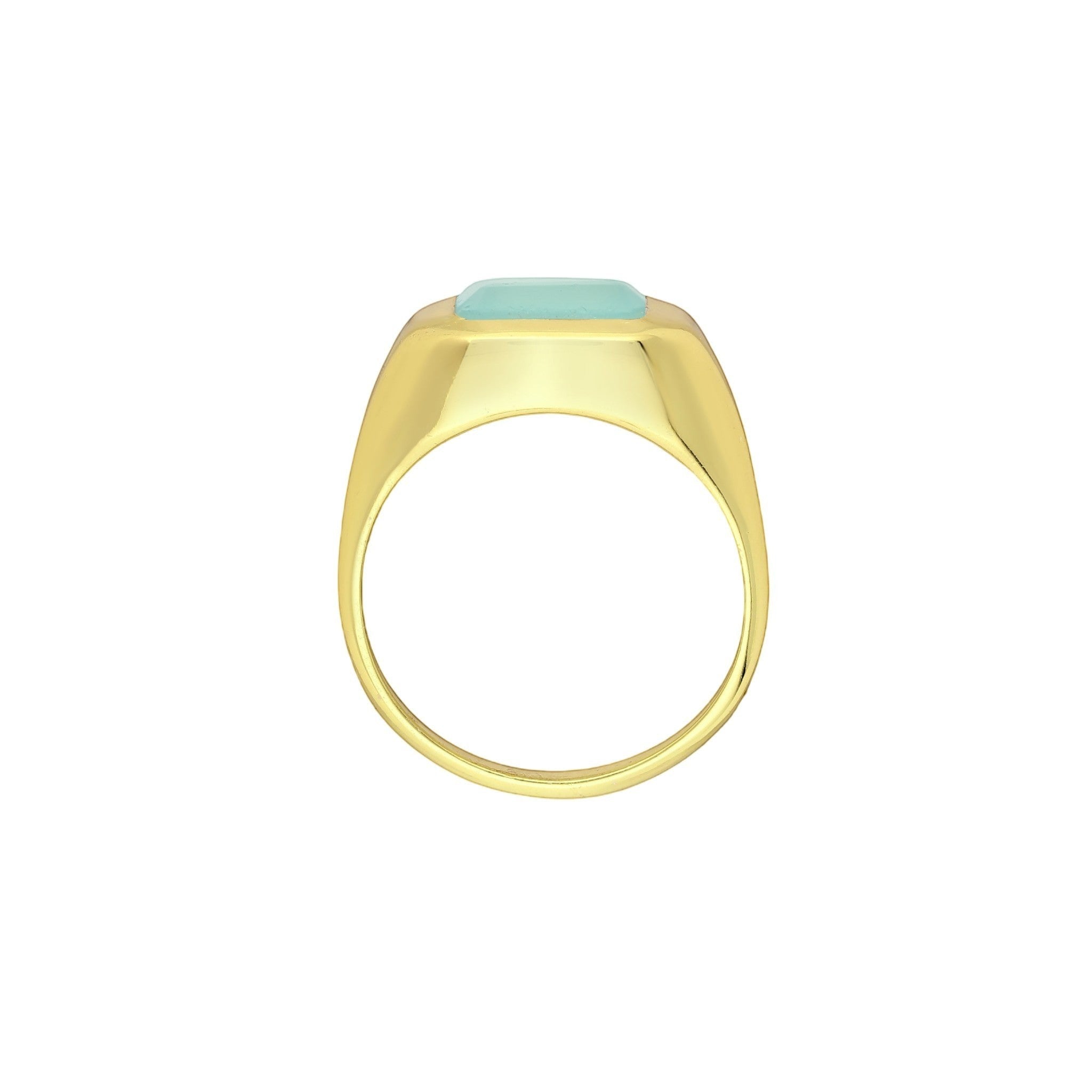Tania Claire Australia gold signet ring with rectangular aqua chalcedony gemstone.