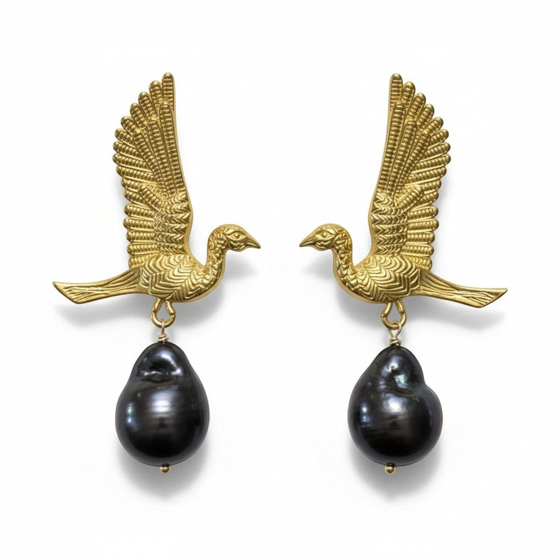 Tania Claire Australia gold-tone winged bird earrings with black baroque pearl drops. Sculptural, statement jewellery.