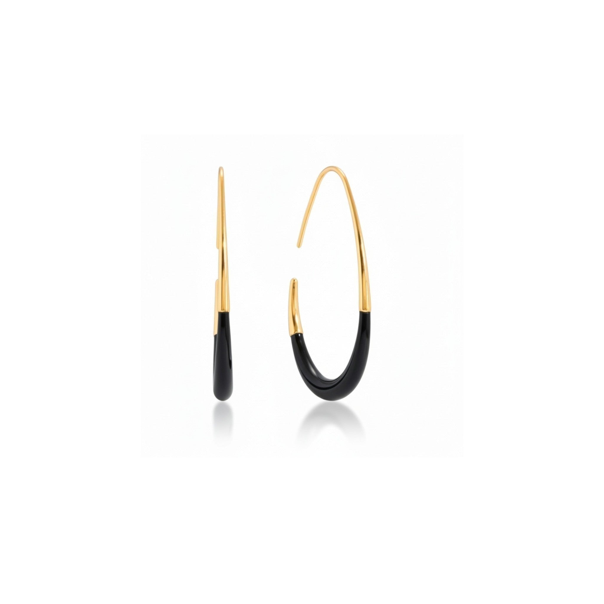 Tania Claire Australia gold-toned drop earrings with black enamel inlay, 40mm long.