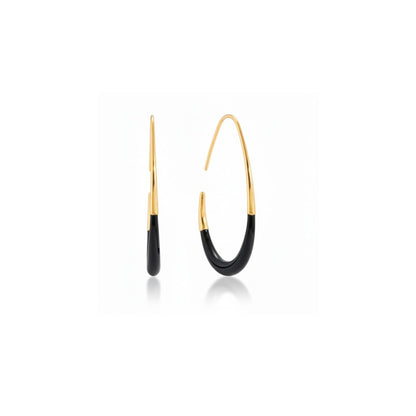 Tania Claire Australia gold-toned drop earrings with black enamel inlay, 40mm long.