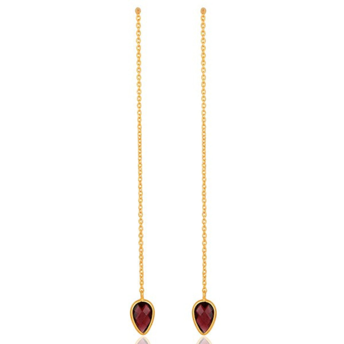 Tania Claire Australia gold thread earrings with teardrop garnet red gems.
