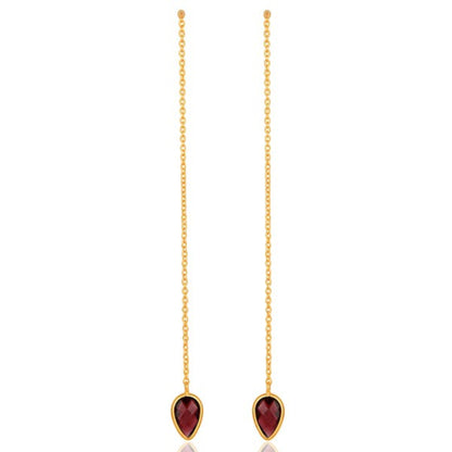 Tania Claire Australia gold thread earrings with teardrop garnet red gems.