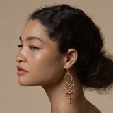 Tania Claire Australia gold finish sterling silver earrings with garnet drops, 72mm tall.