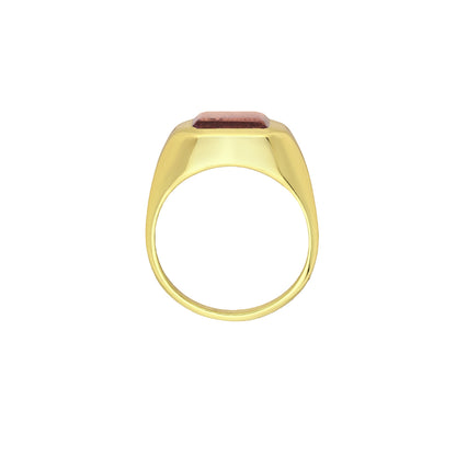Tania Claire Australia gold signet ring with a rectangular faceted garnet gemstone. Modern sculptural design.