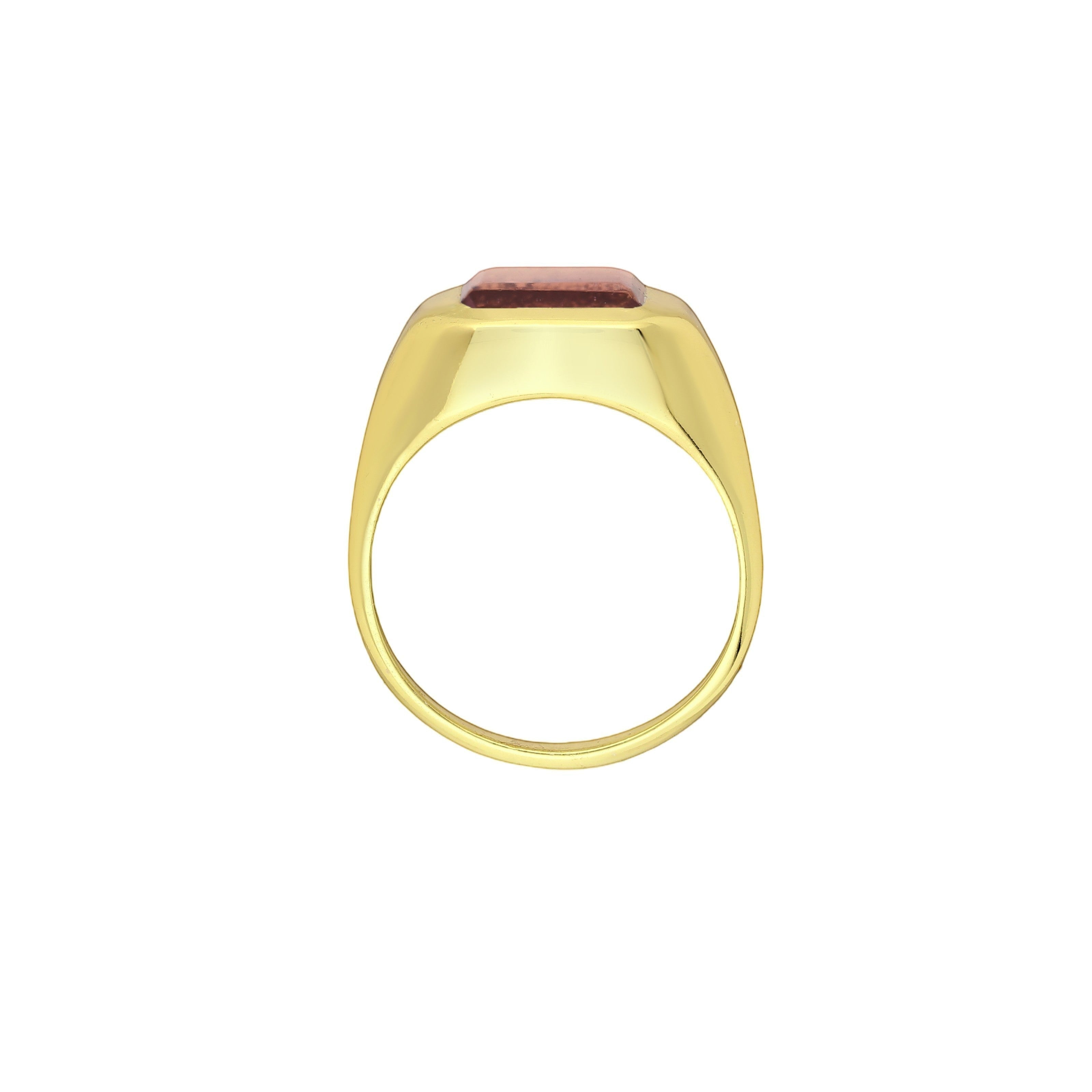 Tania Claire Australia gold signet ring with a rectangular faceted garnet gemstone. Modern sculptural design.