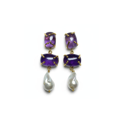 Tania Claire Australia Iris drop earrings featuring purple gemstones and white baroque pearls in 24k gold-plated brass.