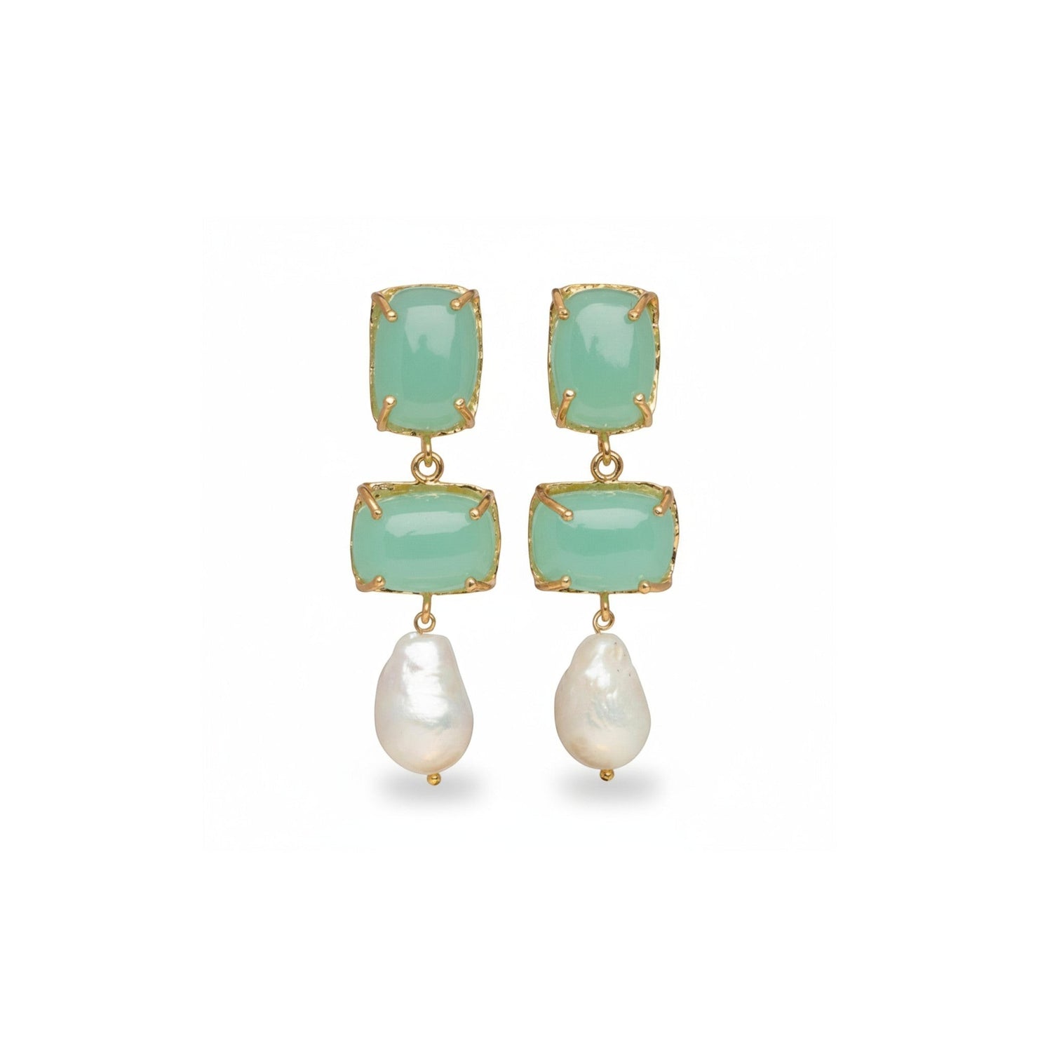 Tania Claire Australia Iris drop earrings featuring mint green gemstones and white baroque pearls in 24k gold-plated brass.