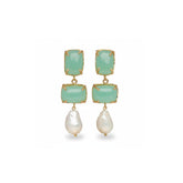 Tania Claire Australia Iris drop earrings featuring mint green gemstones and white baroque pearls in 24k gold-plated brass.