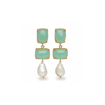 Tania Claire Australia Iris drop earrings featuring mint green gemstones and white baroque pearls in 24k gold-plated brass.