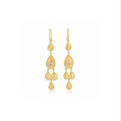 Tania Claire Australia gold plated sterling silver teardrop dangle earrings with hammered finish and crystal accents.