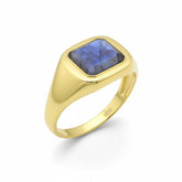 Tania Claire Australia gold-tone signet ring with a rectangular blue labradorite gemstone.