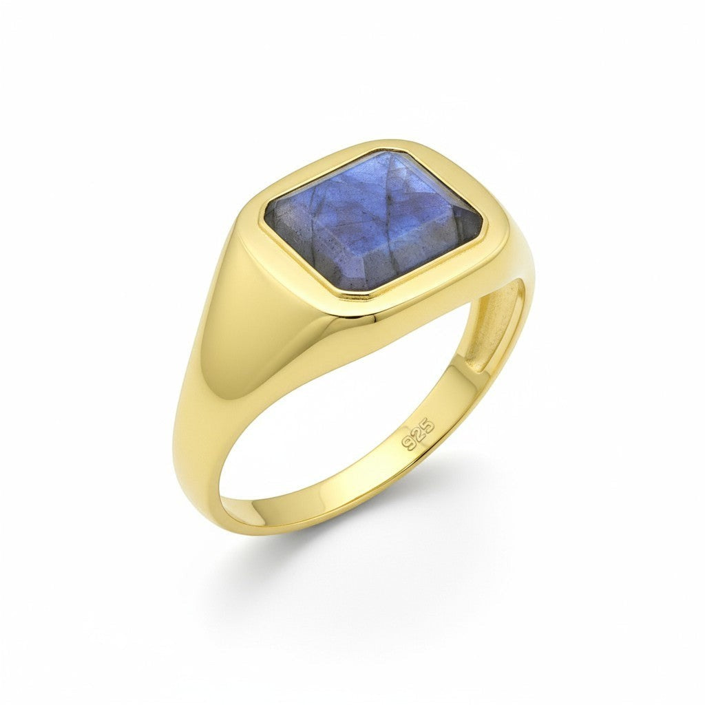 Tania Claire Australia gold-tone signet ring with a rectangular blue labradorite gemstone.