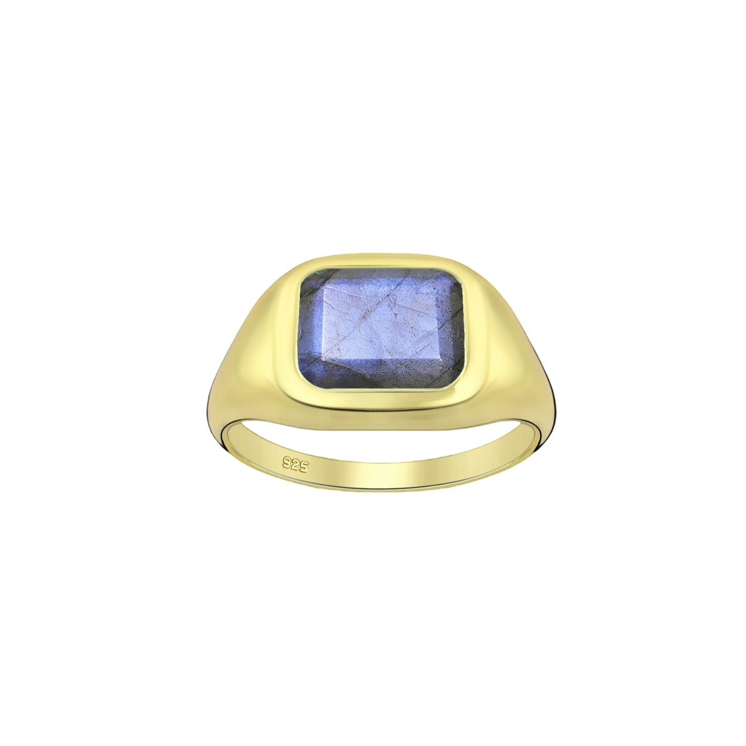 Tania Claire Australia gold-tone signet ring with rectangular labradorite gemstone. Modern sculptural design.