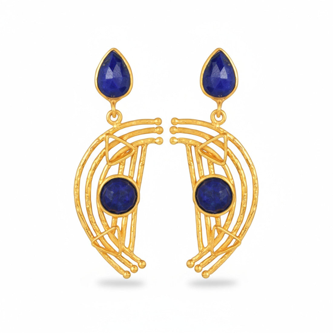 Tania Claire Australia gold plated earrings with lapis lazuli teardrop and round stones, featuring geometric design.