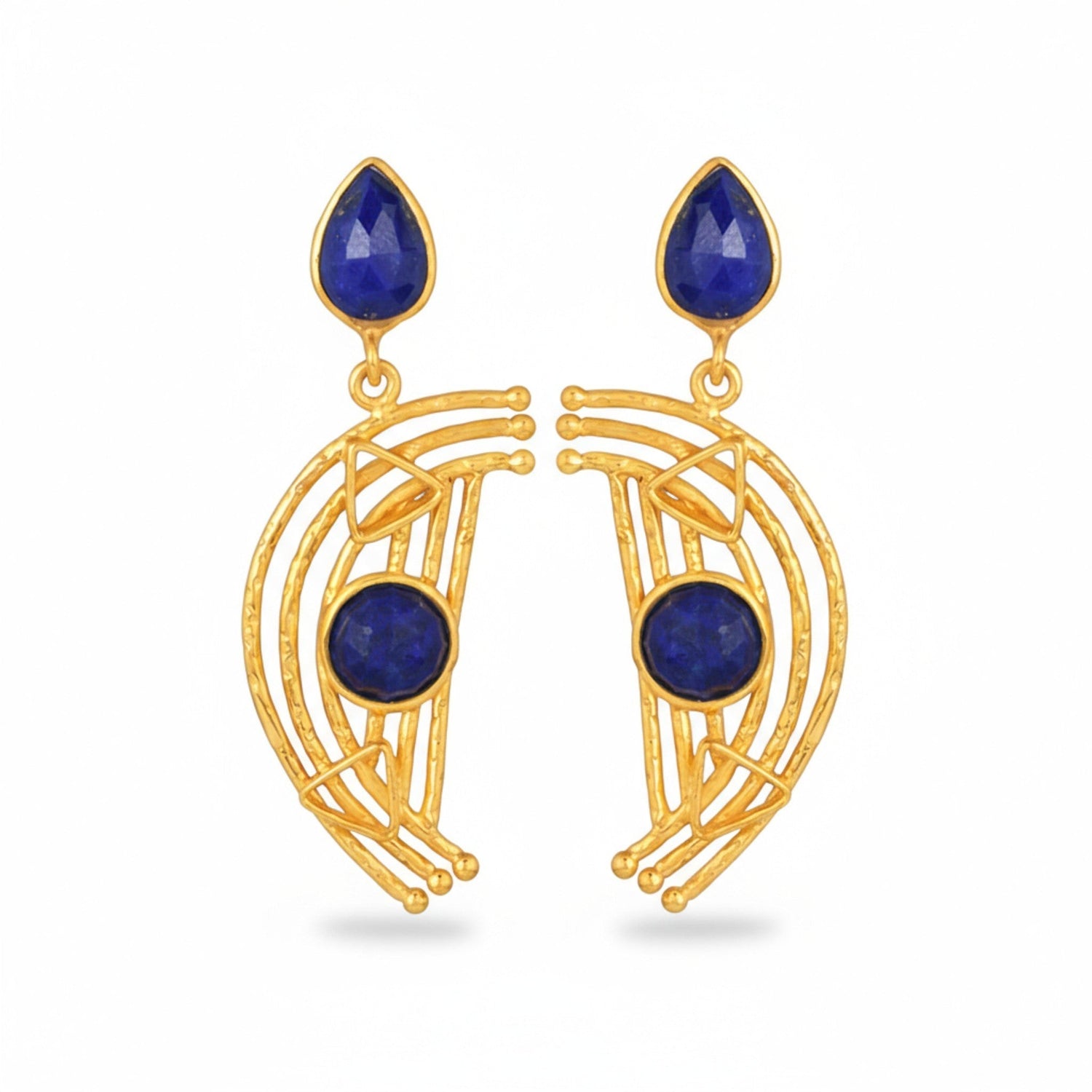 Tania Claire Australia gold plated earrings with lapis lazuli teardrop and round stones, featuring geometric design.