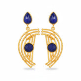 Tania Claire Australia gold plated earrings with lapis lazuli teardrop and round stones, featuring geometric design.