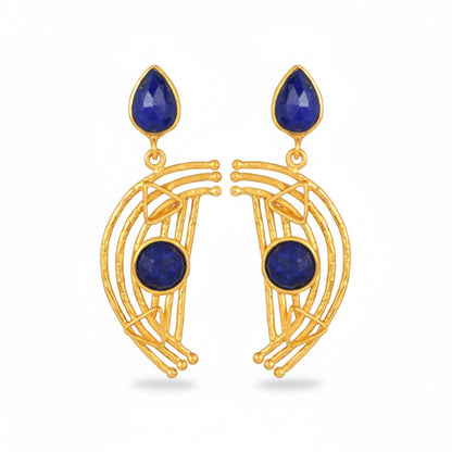 Tania Claire Australia gold plated earrings with lapis lazuli teardrop and round stones, featuring geometric design.
