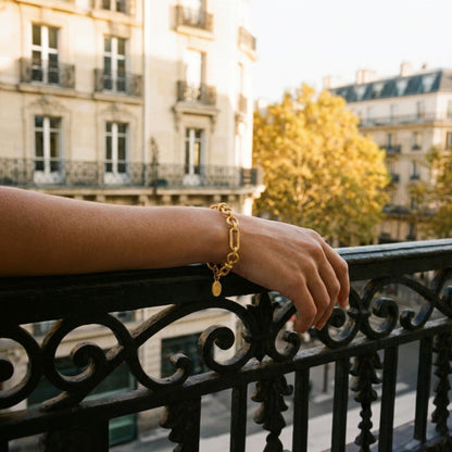 Tania Claire Australia Rive Gauche gold plated brass sculptural textured link bracelet with adjustable closure.