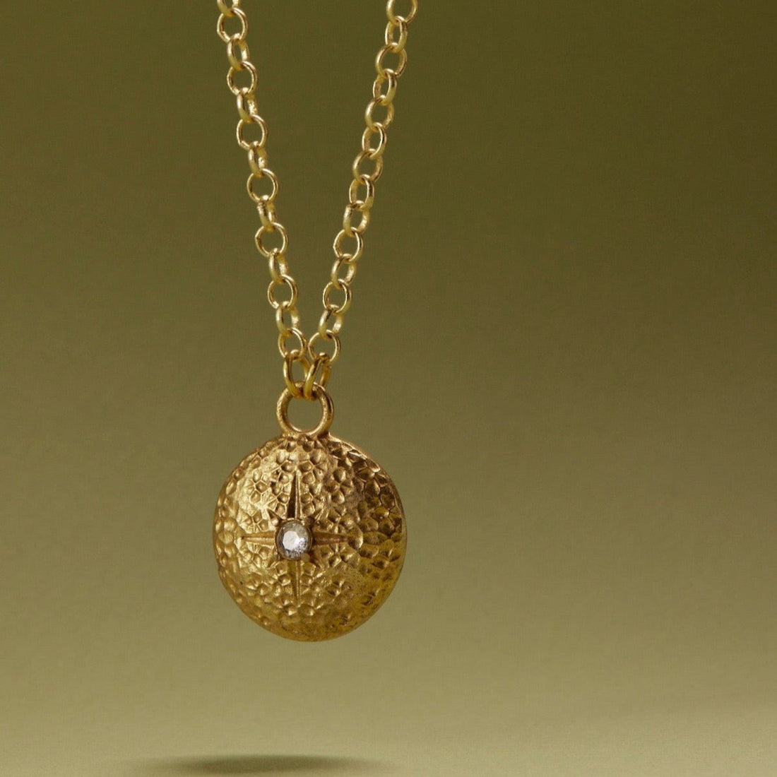 Tania Claire Australia Stella Medallion Necklace: hammered gold disc with starburst and crystal accent, 14K gold brass plated.