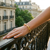 Tania Claire Australia gold cuff bracelet with pearl accents, open design, Parisian style.