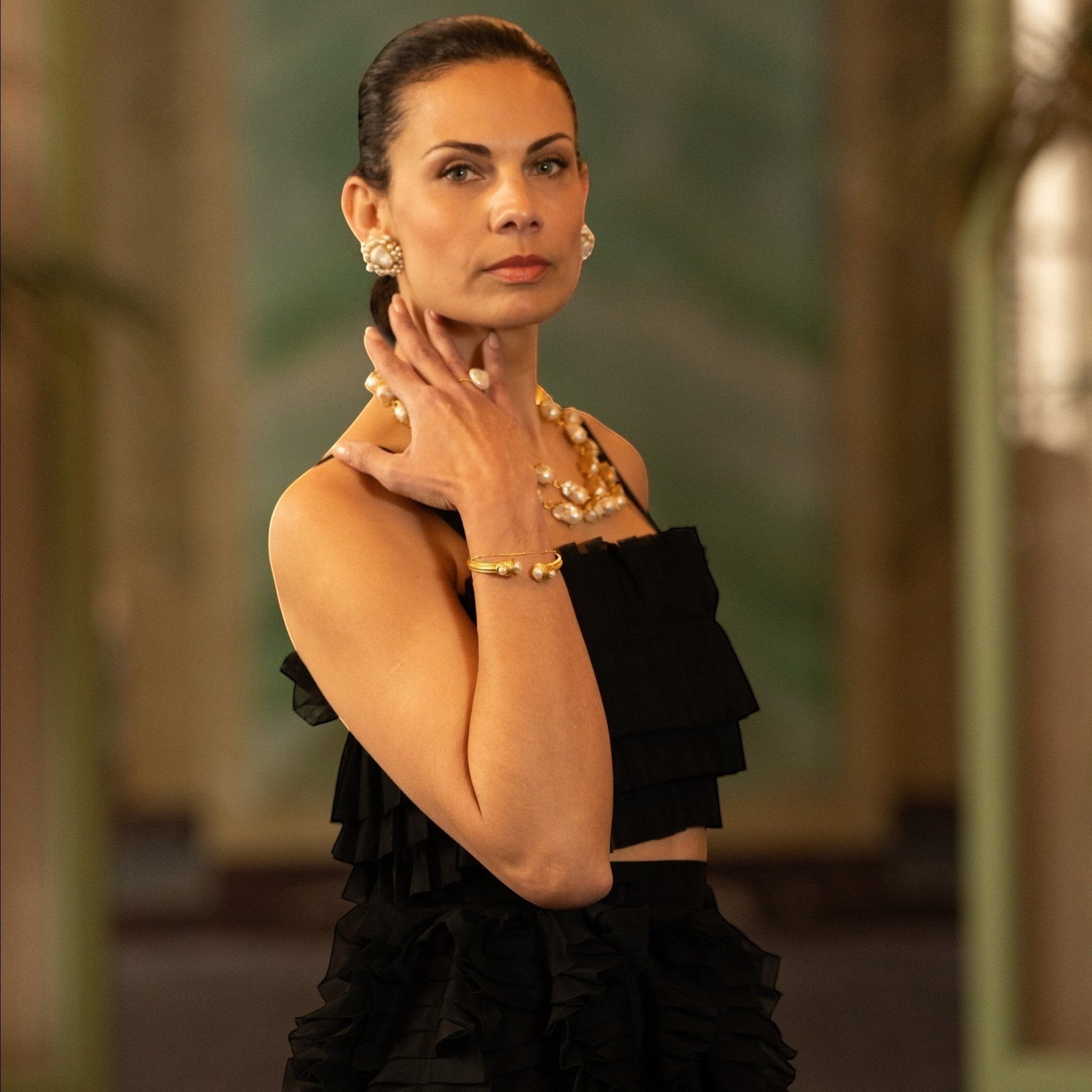 Tania Claire Australia gold cuff bracelet with pearl accents, part of the Paris Capsule Edit.