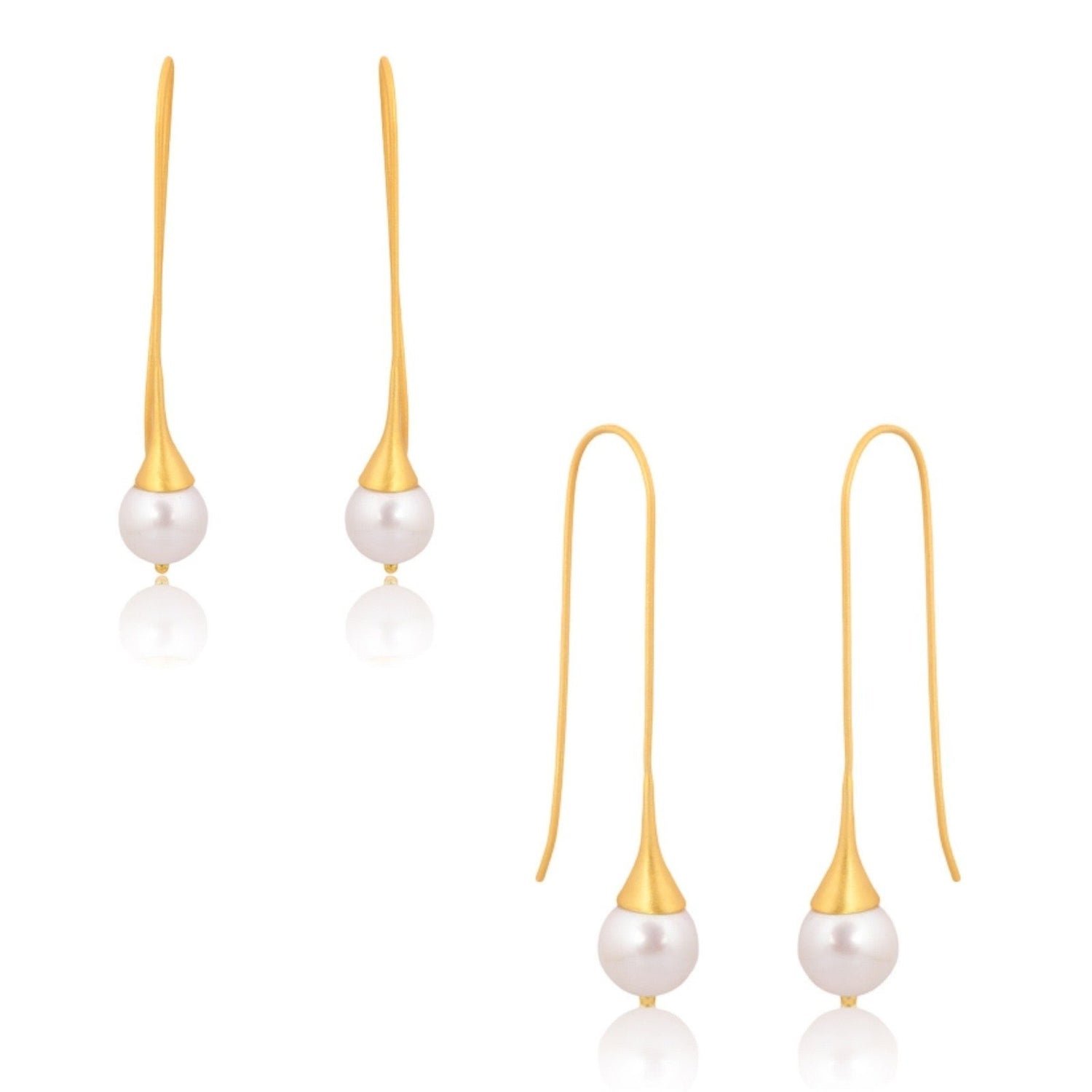 Tania Claire Australia Elysian Pearls: 14K gold plated drop earrings with freshwater pearls and satin-finished gold tips.