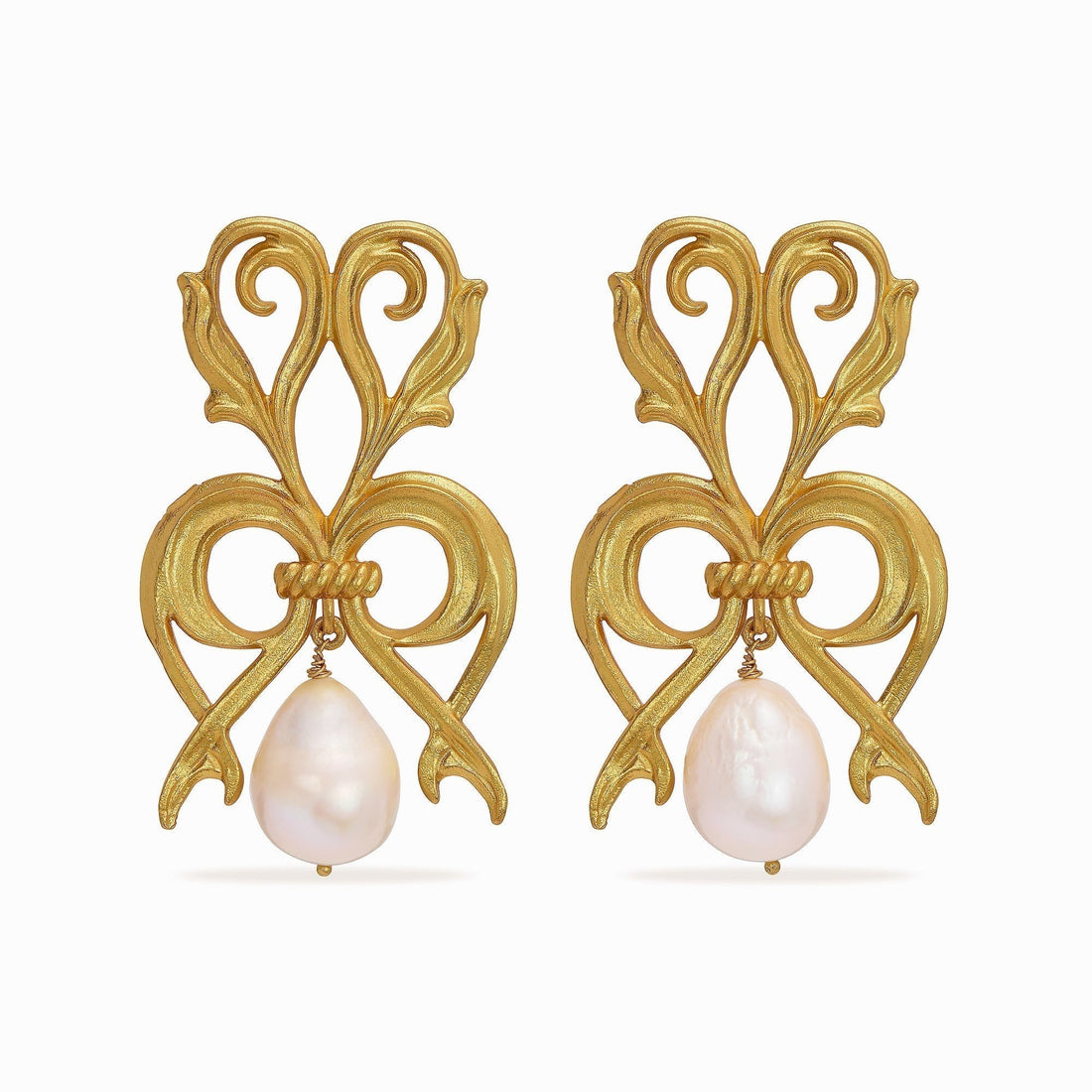 Tania Claire Australia Seraphine Pearl Wings: ornate gold earrings with baroque freshwater pearls, inspired by antique European design.