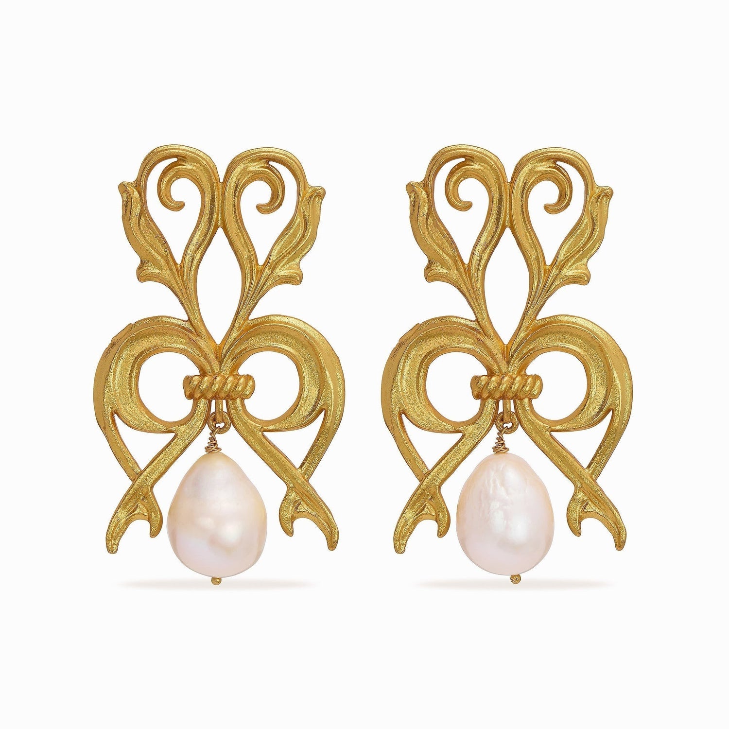 Tania Claire Australia Seraphine Pearl Wings: ornate gold earrings with baroque freshwater pearls, inspired by antique European design.