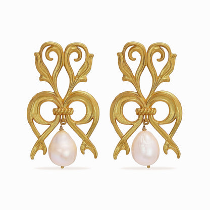 Tania Claire Australia Seraphine Pearl Wings: ornate gold earrings with baroque freshwater pearls, inspired by antique European design.