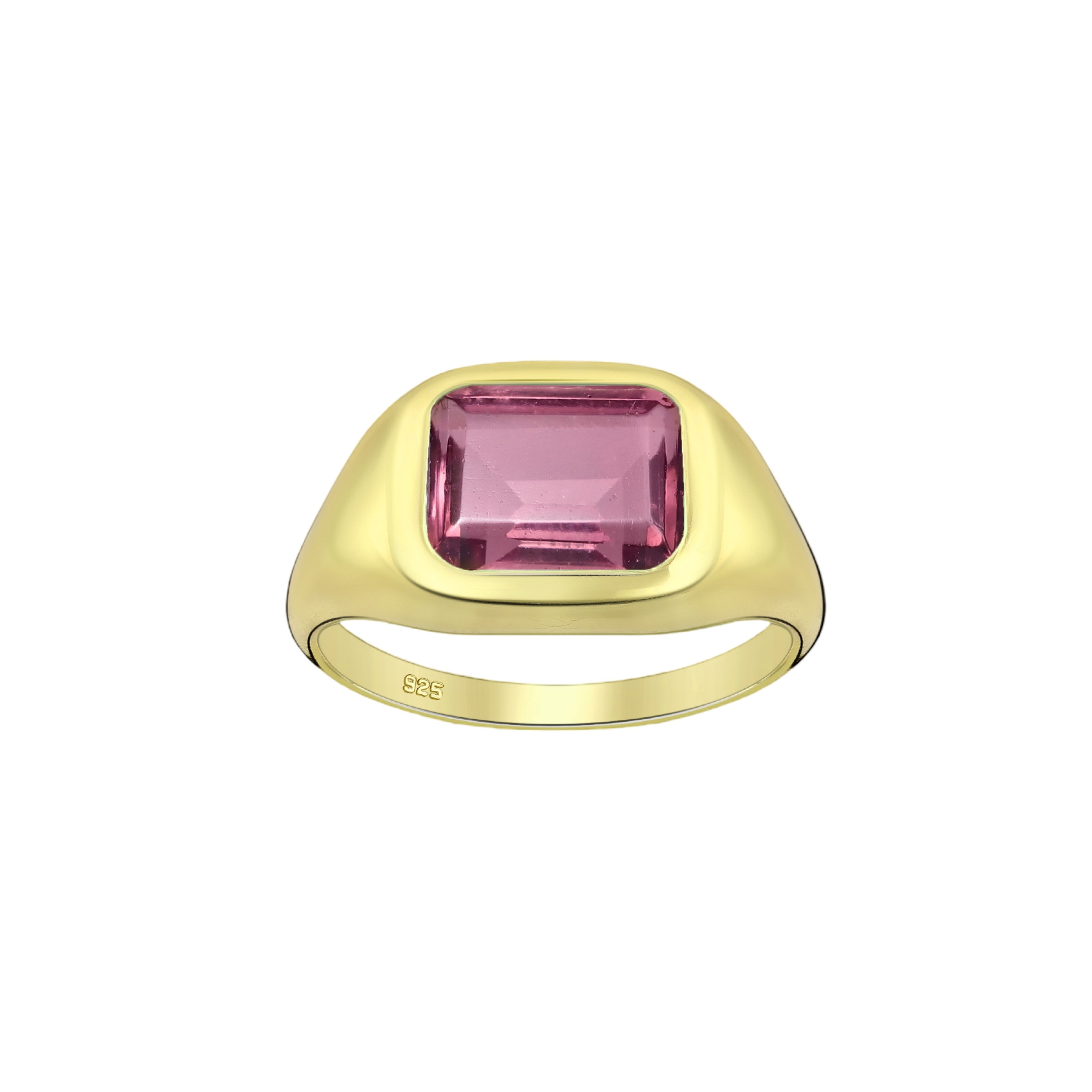 Tania Claire Australia gold signet ring with rectangular pink garnet gemstone.