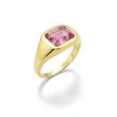 Tania Claire Australia gold signet ring with a rectangular pink gemstone. Modern sculptural design.