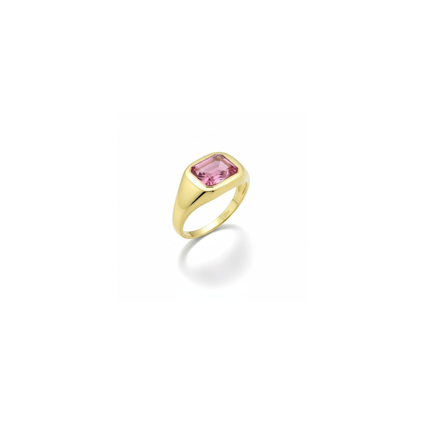 Tania Claire Australia gold signet ring with a rectangular pink gemstone. Modern sculptural design.