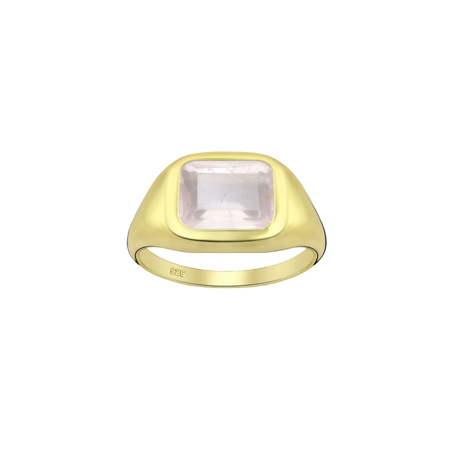 Tania Claire Australia gold signet ring with a rectangular rose quartz gemstone. Modern sculptural design.