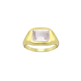 Tania Claire Australia gold signet ring with a rectangular rose quartz gemstone. Modern sculptural design.