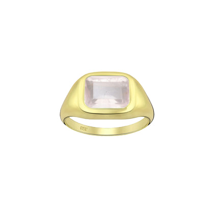 Tania Claire Australia gold signet ring with a rectangular rose quartz gemstone. Modern sculptural design.