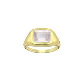 Tania Claire Australia gold signet ring with a rectangular rose quartz gemstone. Modern sculptural design.