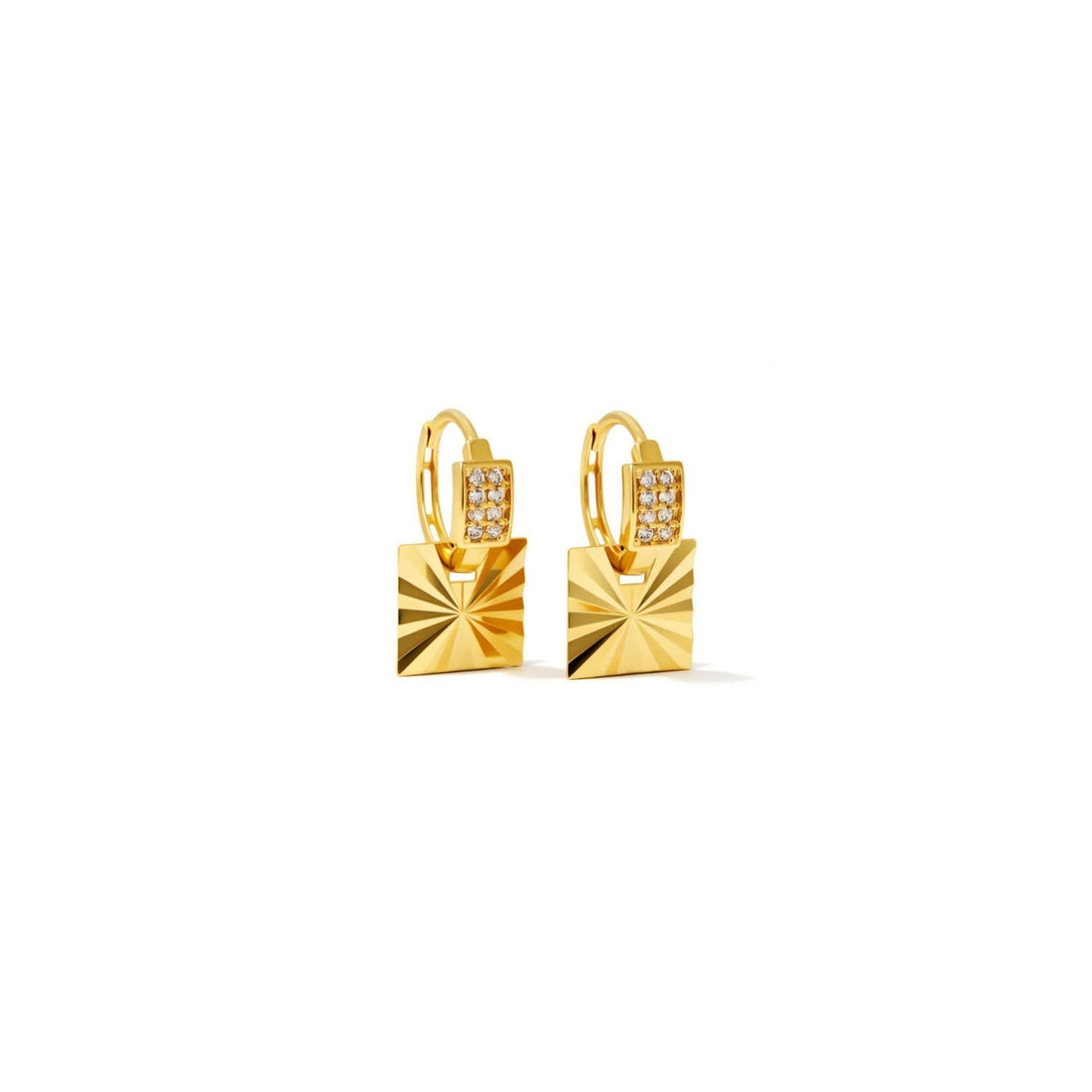 Tania Claire Australia gold sunburst charm hoop earrings with pavé details.