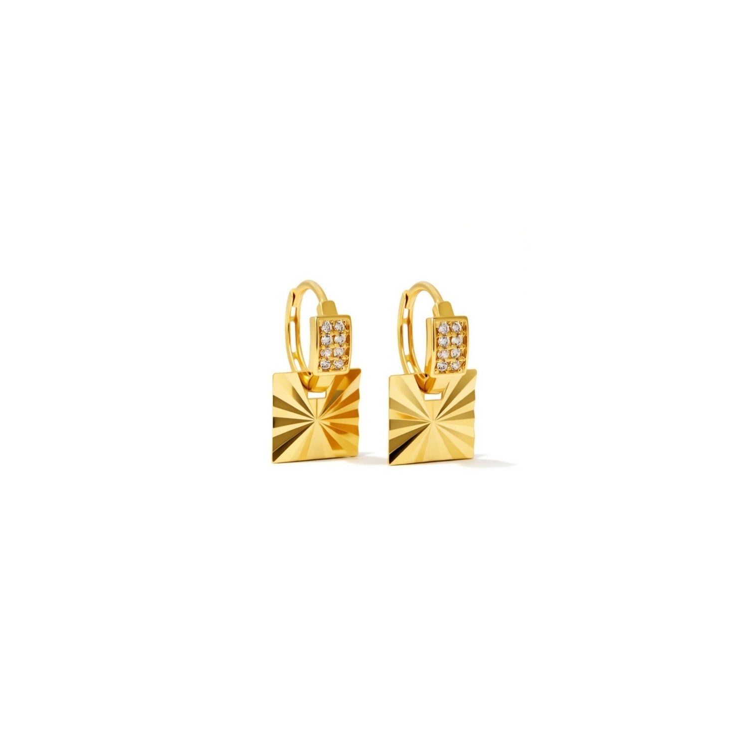Tania Claire Australia gold sunburst charm hoop earrings with pavé details.