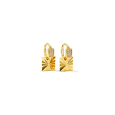 Tania Claire Australia gold sunburst charm hoop earrings with pavé details.