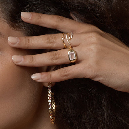 Tania Claire Australia Golden Vein openwork ring with CZ diamonds and a pale pink stone, gold plated sterling silver.