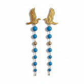 Tania Claire Australia gold pilgrim wing earrings with blue and gold bead drops. Symbol of freedom and strength.