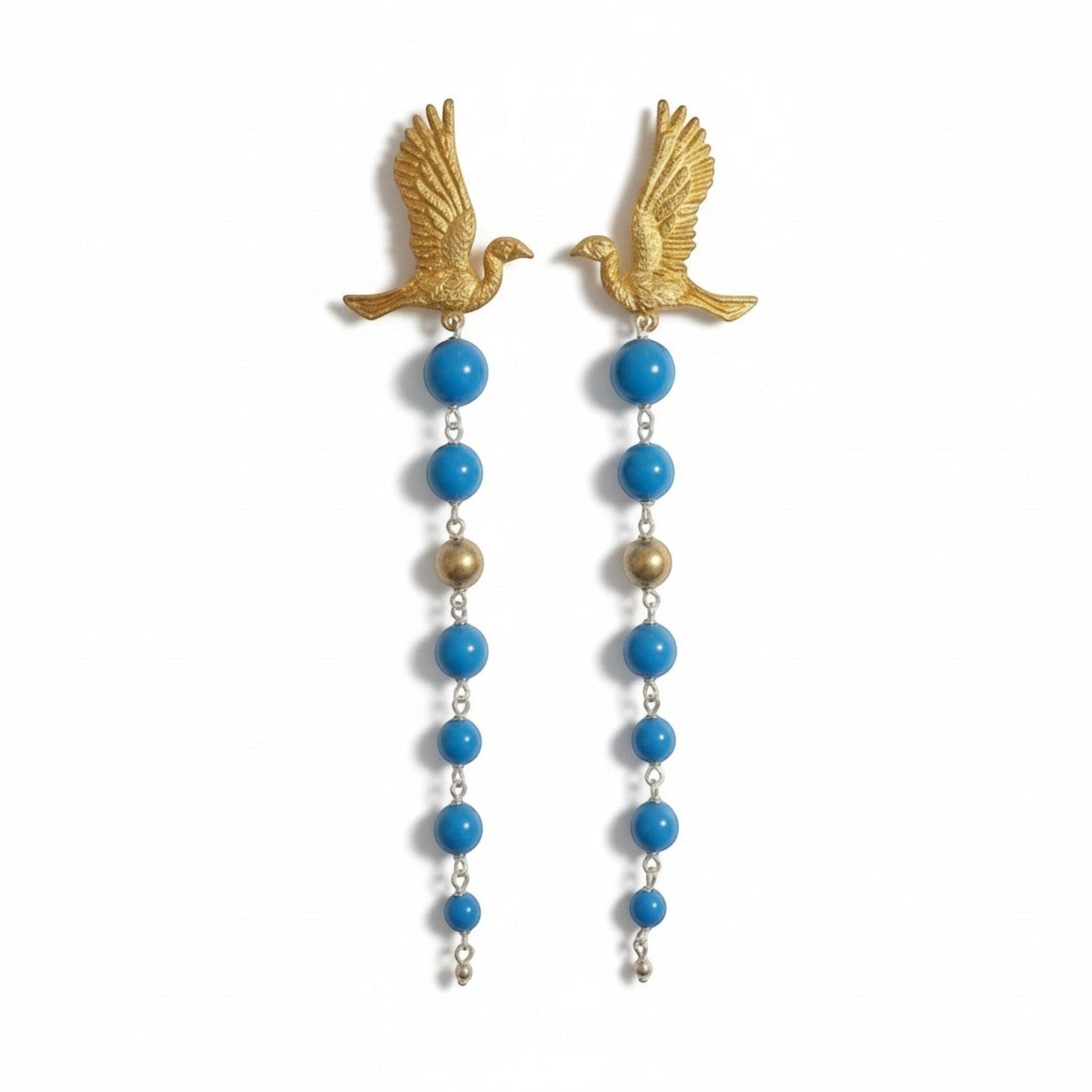 Tania Claire Australia gold pilgrim wing earrings with blue and gold bead drops. Symbol of freedom and strength.