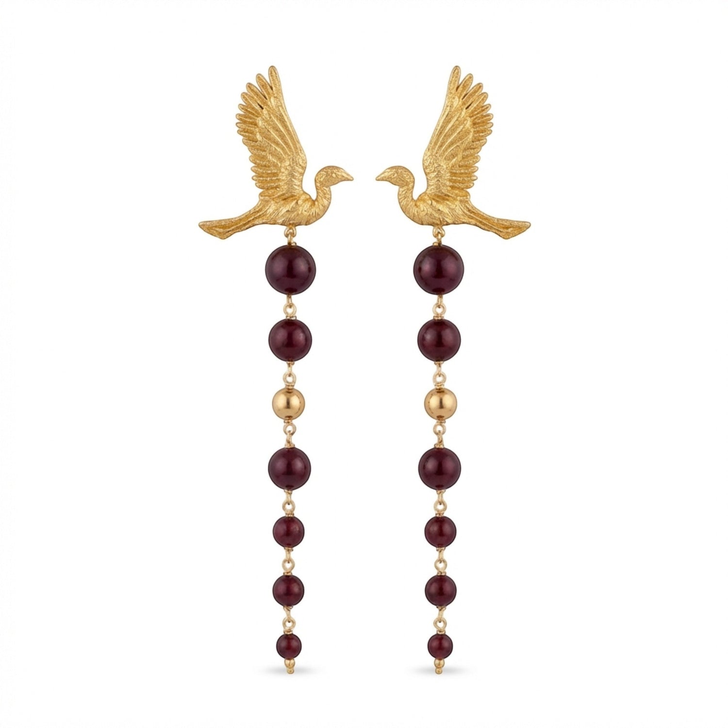 Tania Claire Australia gold pilgrim wing earrings with cascading deep red beads and gold accents.