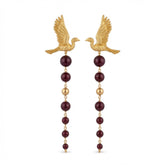 Tania Claire Australia gold pilgrim wing earrings with cascading deep red beads and gold accents.