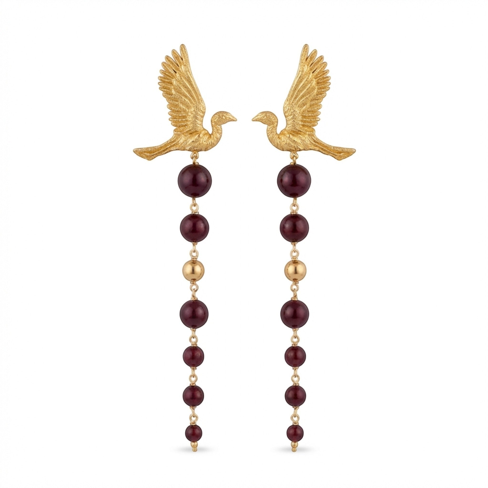 Tania Claire Australia gold pilgrim wing earrings with cascading deep red beads and gold accents.