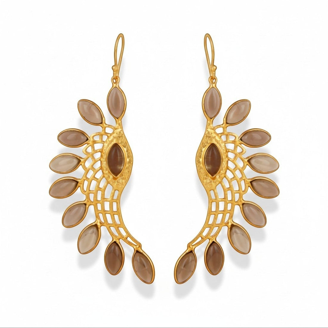 Tania Claire Australia gold-plated wing earrings with smoky quartz stones and intricate lattice work.
