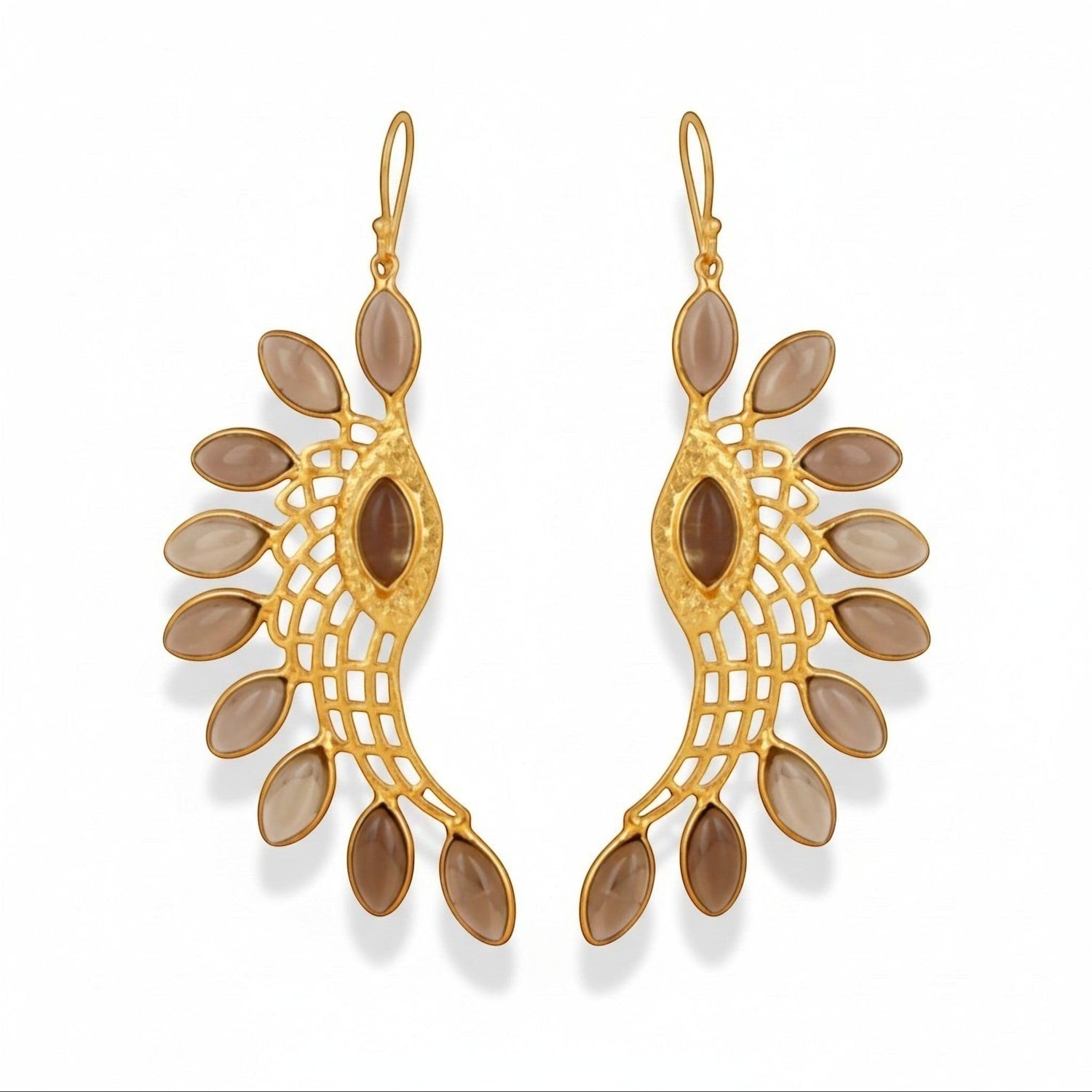 Tania Claire Australia gold-plated wing earrings with smoky quartz stones and intricate lattice work.