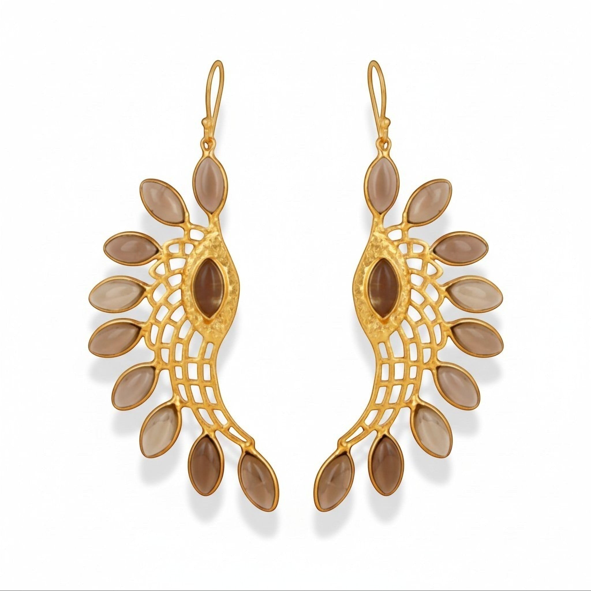 Tania Claire Australia gold-plated wing earrings with smoky quartz stones and intricate lattice work.