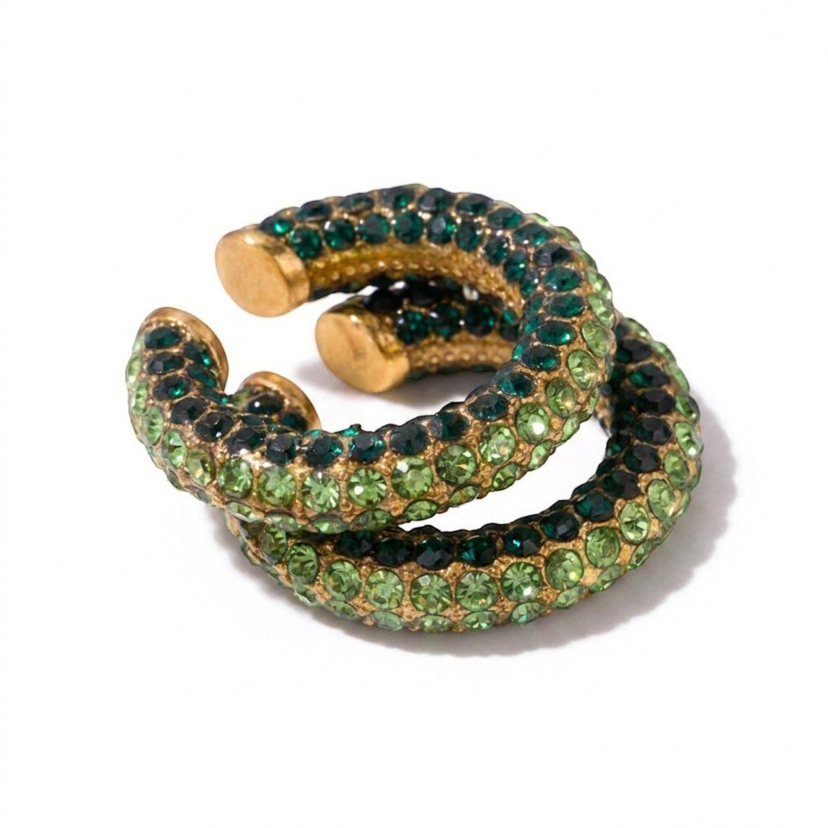 Tania Claire Australia Fluer Cuffs featuring green and emerald rhinestones in a gold-tone setting.