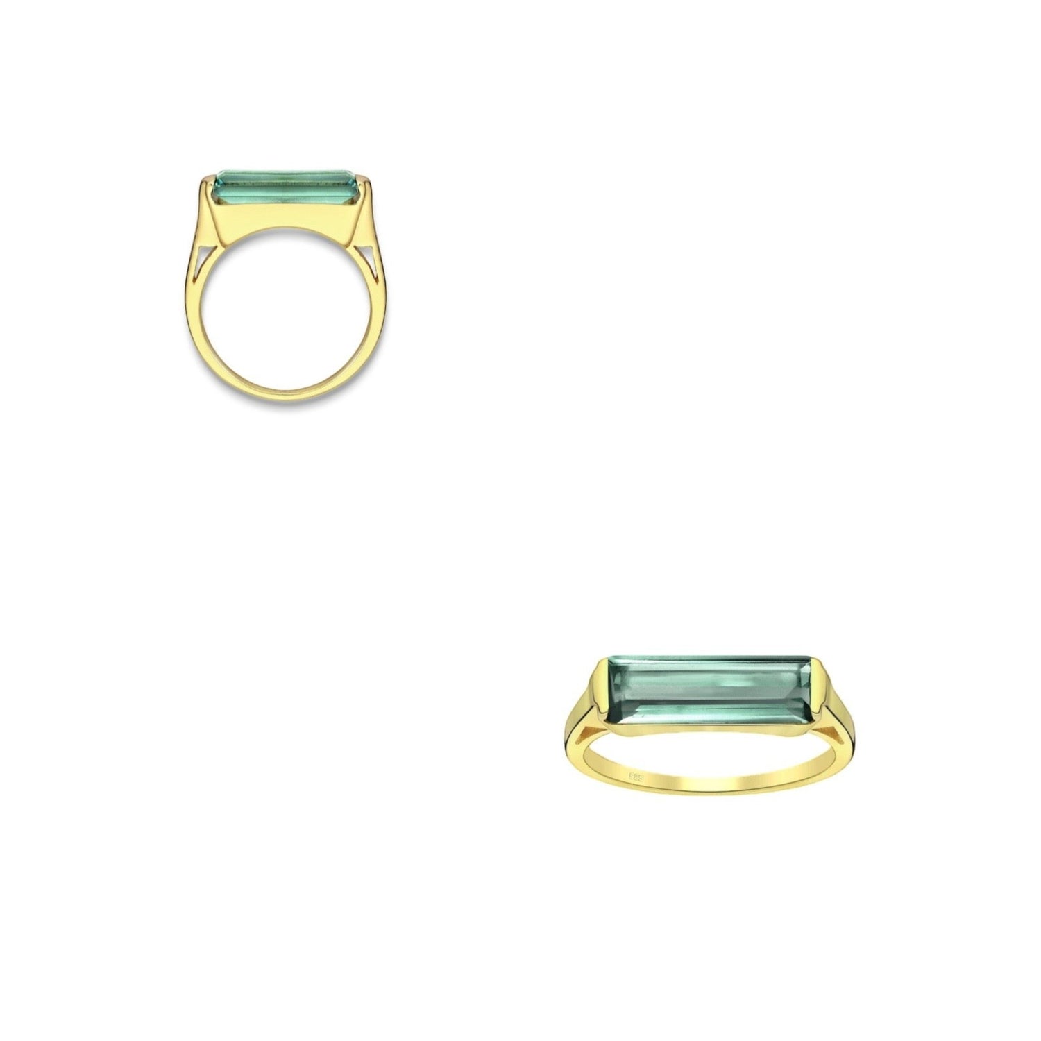 Tania Claire Australia Sylvia ring with a rectangular green tourmaline stone set in a yellow gold frame, made of sterling silver.